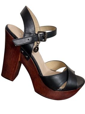 Aldo Leather Platform Sandals Black Studded wood Block Heel Size 10 NWOT